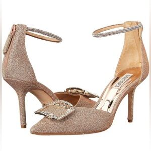 Badgley Mischka Glitter Heels with Rhinestone Buckle - Gold 8